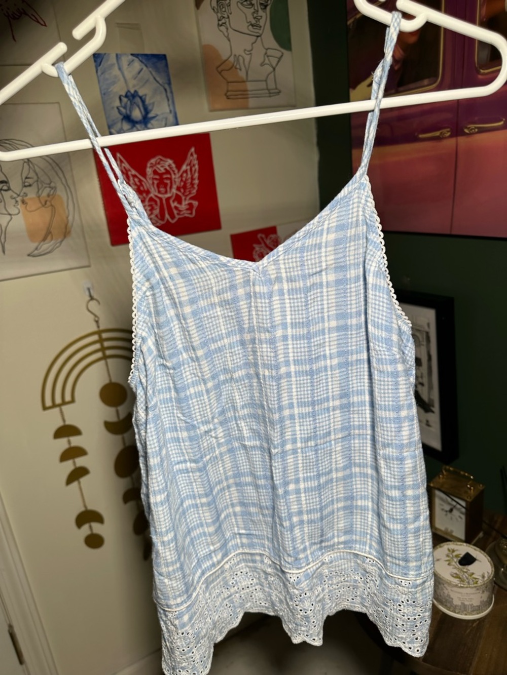 Japna Light Blue & White Plaid Cotton Eyelet Trim Cami